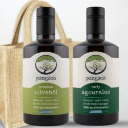 2 Flaschen Pangaea Olivenöl und dahinter eine Jutetasche