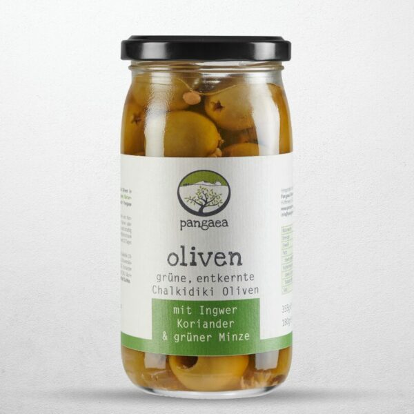 glas mit grünen oliven grünes Etikett