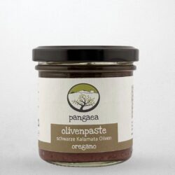 Glas Olivenpaste aus schwarzen Kalamata Oliven mit Oregano von Pangaea, verfeinert mit extra nativem Olivenöl.