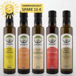 Probier-Set mit fünf aromatisierten Premium Olivenölen von Pangaea: Zitrone, Orange, Knoblauch, Chili & Knoblauch sowie Trüffel.