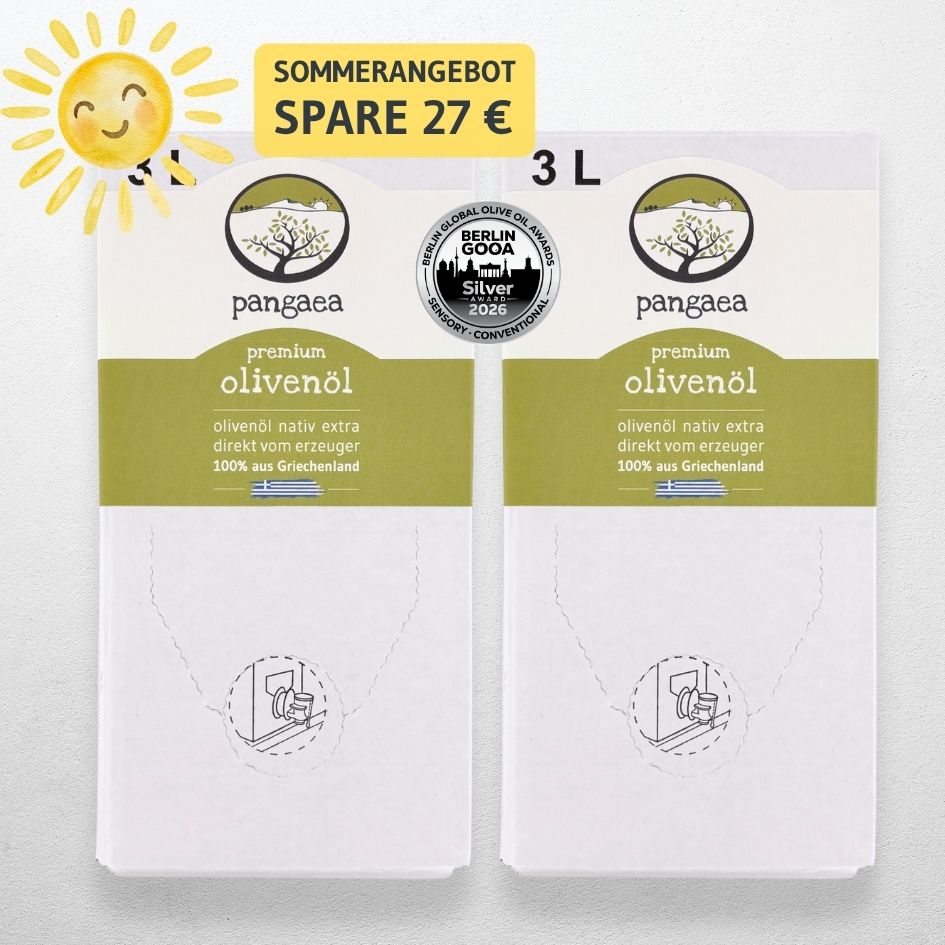 Bag-in-Box Sparset Premium 2 × 3 L 1 Bag-in-Box Sparset mit zwei 3-Liter-Beuteln Pangaea Premium Olivenöl nativ extra aus Griechenland.