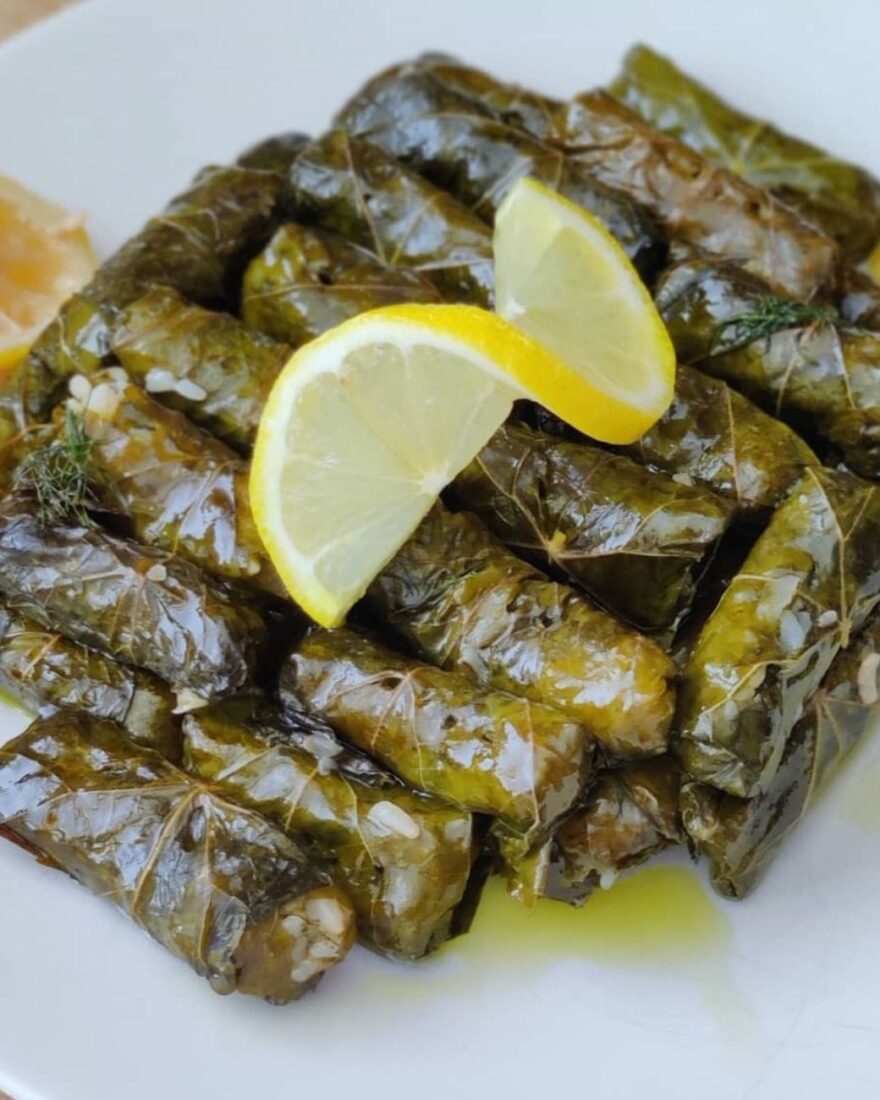 Griechische Dolmádes, serviert mit frischen Zitronenscheiben und Pangaea Olivenöl.