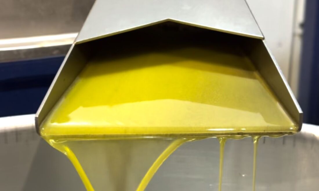 Frisch gepresstes Olivenöl läuft aus der Mühle