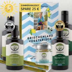 Griechenland Genusspaket mit Kochbuch „Griechenland vegetarisch“, Premium Olivenöl, Early Agoureleo, grobem Meersalz aus Kreta und Preisvorteil.