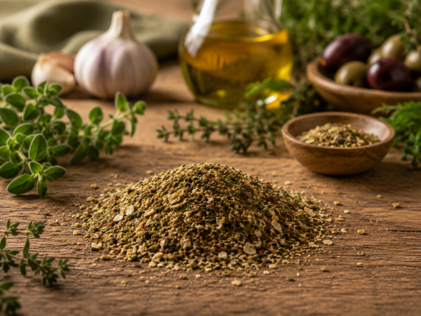 Mediterrane Gewürzzubereitung mit griechischen Kräutern auf einem Holztisch.