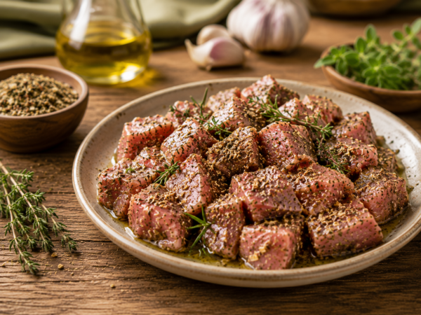 Mariniertes Fleisch mit mediterraner Gewürzzubereitung und Olivenöl.