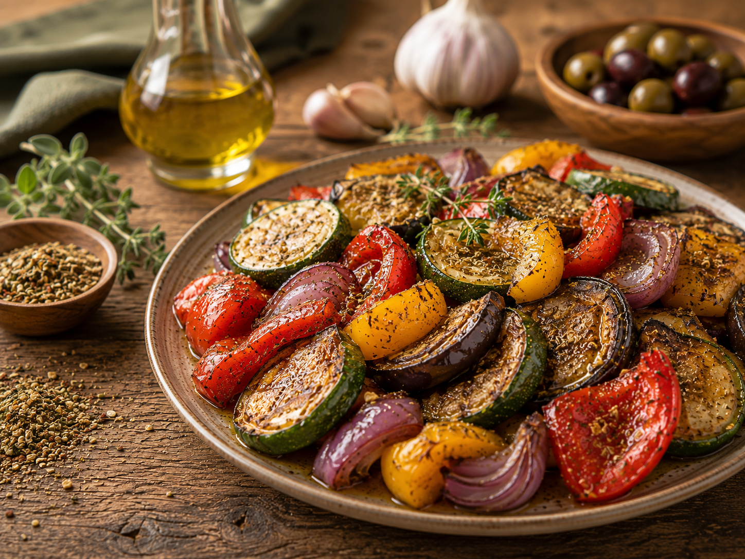 Mediterran mariniertes Ofengemüse mit Zucchini, Auberginen und Paprika.