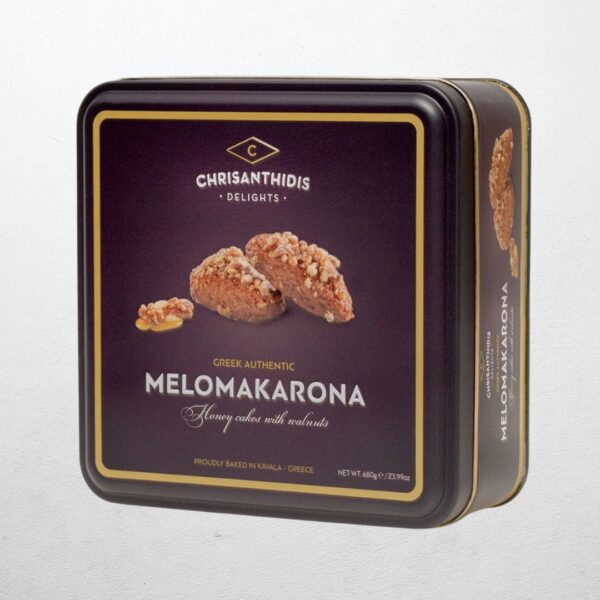 Metalldose mit griechischem Honig-Walnuss-Gebäck Melomakarona von Chrisanthidis