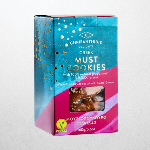Packung mit veganen Must Cookies (Moustokouloura) aus 100 % Traubenmost und Korinthen P.O.P. von Chrisanthidis