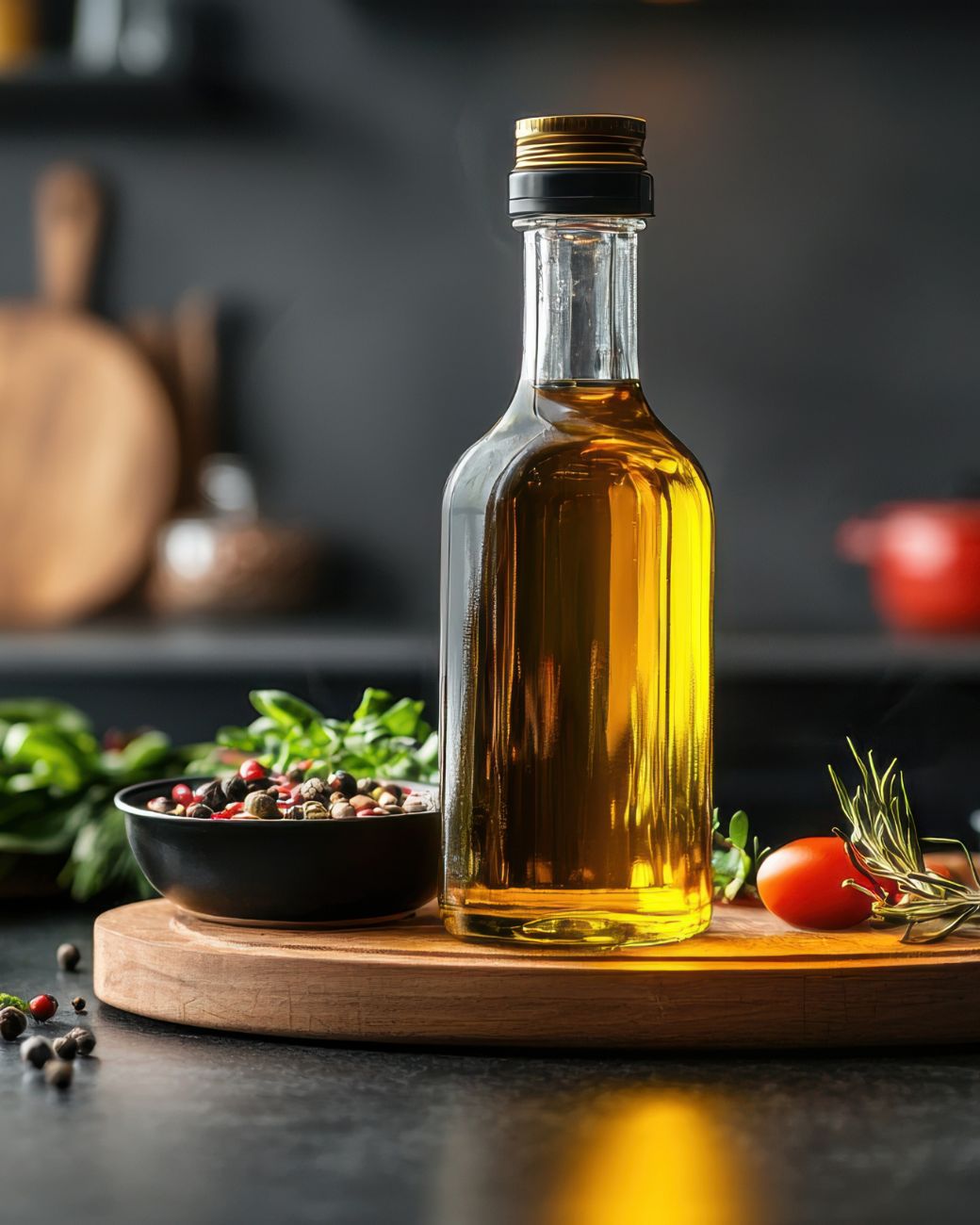Dunkle Glasflaschen schützen Olivenöl vor Licht und bewahren Aroma sowie Nährstoffe. Eine edle Flasche Olivenöl steht auf einem Holzbrett, umgeben von frischen Kräutern, Tomaten und Gewürzen.