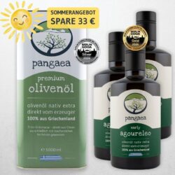 Olivenöl Sparset mit 5 Liter Premium Olivenöl und 3 Flaschen Early Agoureleo aus Griechenland.