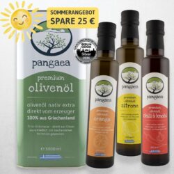 Olivenöl Sparset mit 5 Liter Premium Olivenöl sowie den aromatisierten Olivenölen Orange, Zitrone und Chili & Knoblauch von Pangaea.