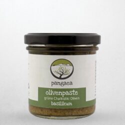 Glas Olivenpaste aus grünen Chalkidiki Oliven mit Basilikum von Pangaea, verfeinert mit extra nativem Olivenöl.