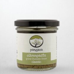 Glas Olivenpaste aus grünen Chalkidiki Oliven Classic von Pangaea, verfeinert mit extra nativem Olivenöl.
