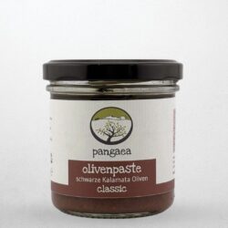 Glas Olivenpaste aus schwarzen Kalamata Oliven Classic von Pangaea, verfeinert mit extra nativem Olivenöl.