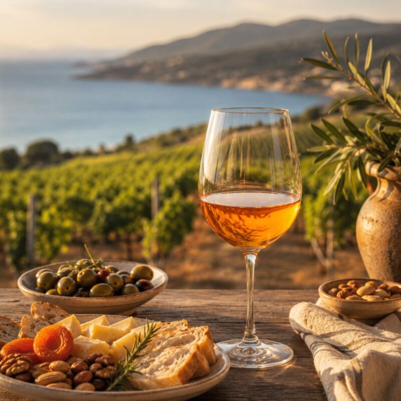 Glas Orange Wein mit Blick auf Weinberge und das Meer in der Weinregion Pangeo in Nordgriechenland.