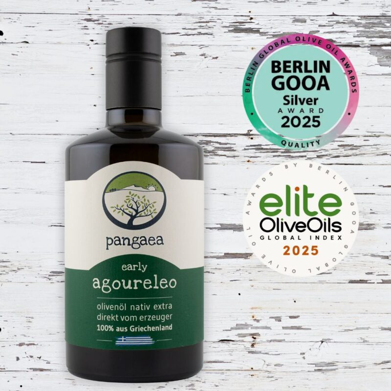 Pangaea Premium Olivenöl mit Berlin GOOA Gold Award 2025 und Elite Olive Oils Global Index 2025.