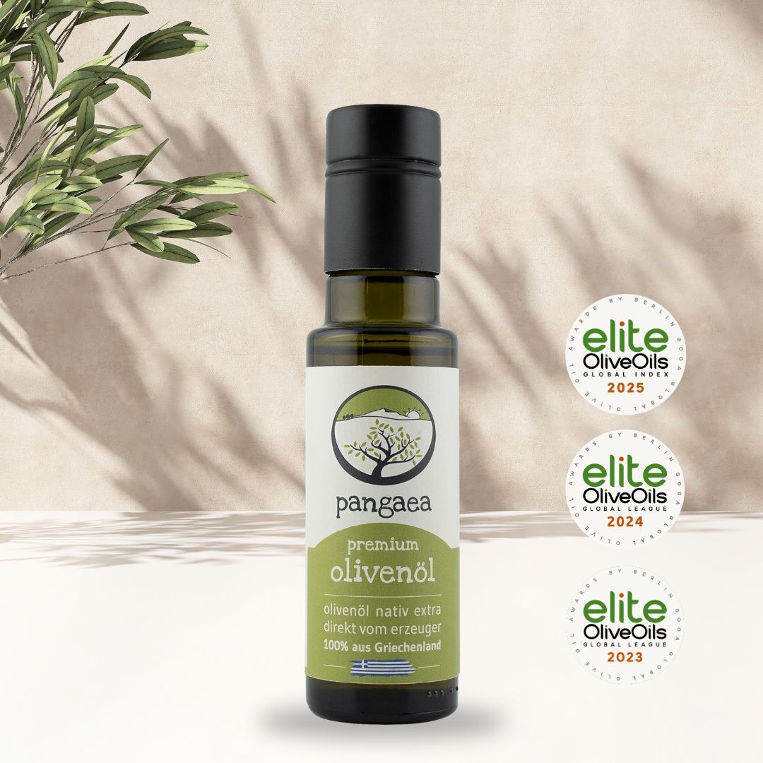 pangaea extra natives Olivenöl aus Griechenland, in 100ml dunkle Glasflasche mit speziellem Verschluss und Ausgießer