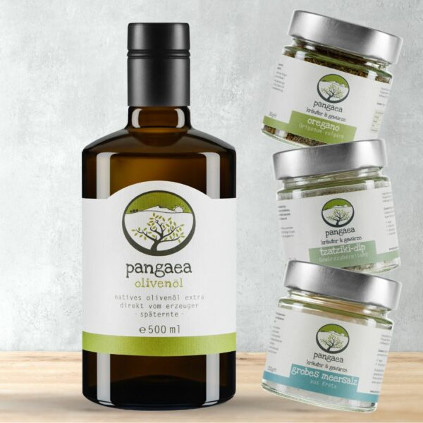 pangaea extra natives olivenöl 500 ml flasche und salz tzatzikigewürzmoschung oregano im glas