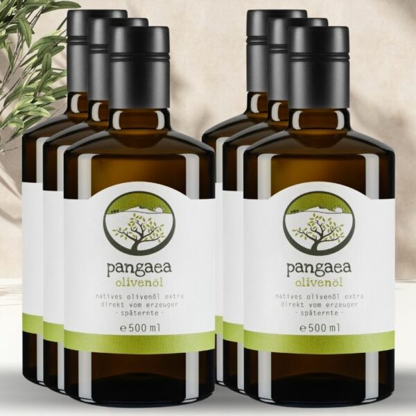 6x Pangaea extra natives Olivenöl aus Griechenland, in 500ml dunkle Glasflaschen mit speziellem Verschluss und Ausgießer