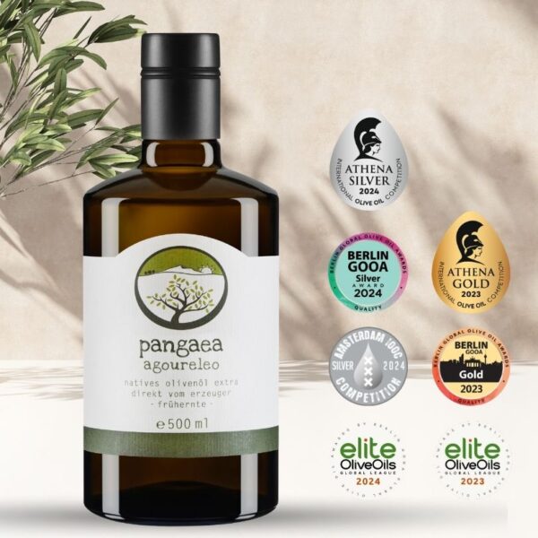 Pangaea Agoureleo, extra natives Olivenöl aus Griechenland, in 500ml dunkle Glasflasche mit speziellem Verschluss und Ausgießer mit Auszeichnungen