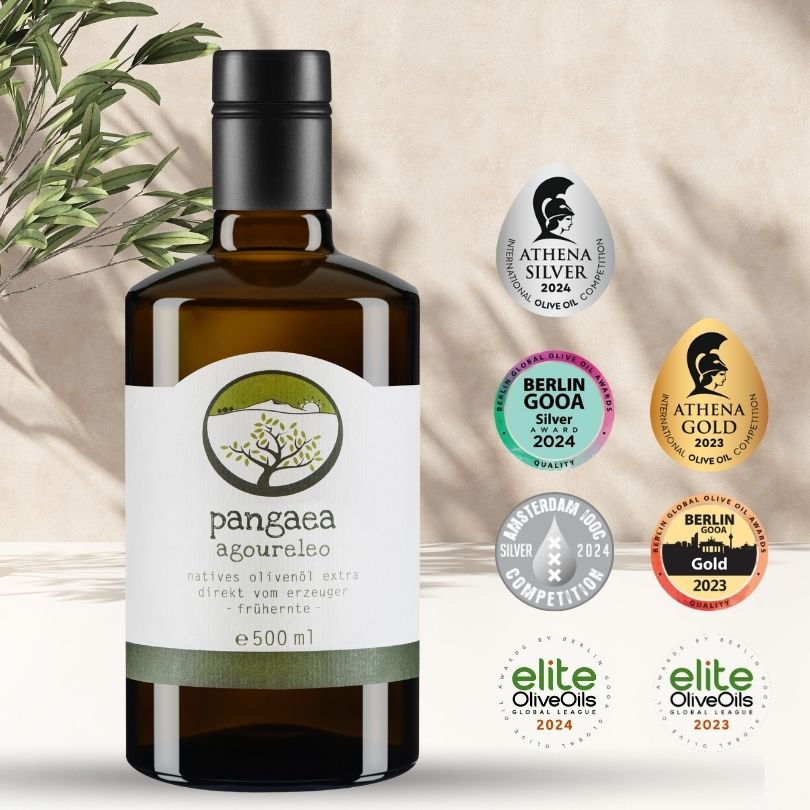 Pangaea Agoureleo, extra natives Olivenöl aus Griechenland, in 500ml dunkle Glasflasche mit speziellem Verschluss und Ausgießer mit Auszeichnungen