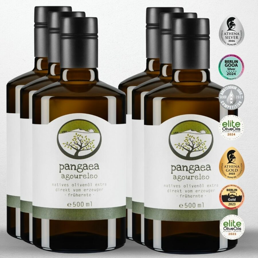 6x Pangaea Agoureleo, extra natives Olivenöl aus Griechenland, in 500ml dunkle Glasflaschen mit speziellem Verschluss und Ausgießer, mit Auszeichnungen