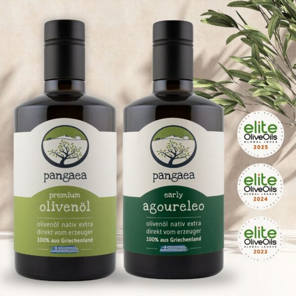 Pangaea extra natives Olivenöl und Agoureleo aus Griechenland, in 500ml dunkle Glasflaschen mit speziellem Verschluss und Ausgießer, und Auszeichnungen