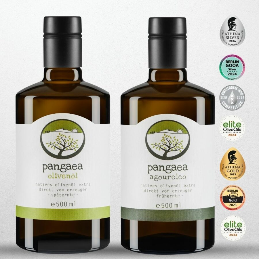 Pangaea extra natives Olivenöl und Agoureleo aus Griechenland, in 500ml dunkle Glasflaschen mit speziellem Verschluss und Ausgießer, und Auszeichnungen