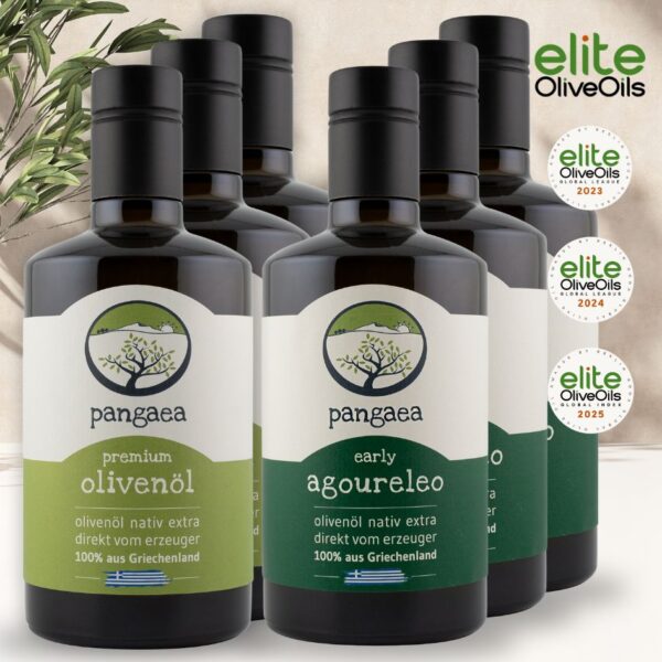 6x Pangaea extra natives Olivenöl aus Griechenland, in 500ml dunkle Glasflaschen mit speziellem Verschluss und Ausgießer