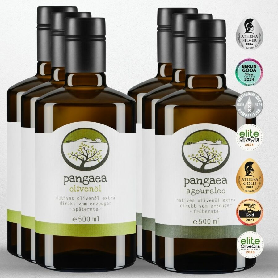 je 3x Pangaea extra natives Olivenöl und Agoureleo aus Griechenland, in 500ml dunkle Glasflaschen mit speziellem Verschluss und Ausgießer, und Auszeichnungen