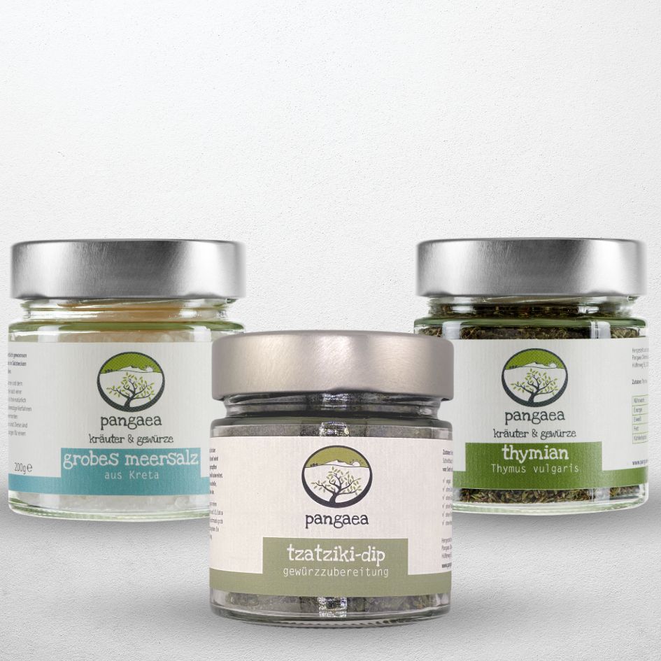 Pangaea Griechisches Kräuter-Set „Thymian & Meersalz“ 1 Pangaea Griechisches Kräuter-Set mit Thymian, Meersalz aus Kreta und Tzatziki-Gewürz