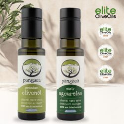 Zwei Pangaea Olivenöle – Premium und Early Agoureleo – vor hellem Hintergrund, ausgezeichnet mit Elite Olive Oils Awards 2023, 2024 und 2025.