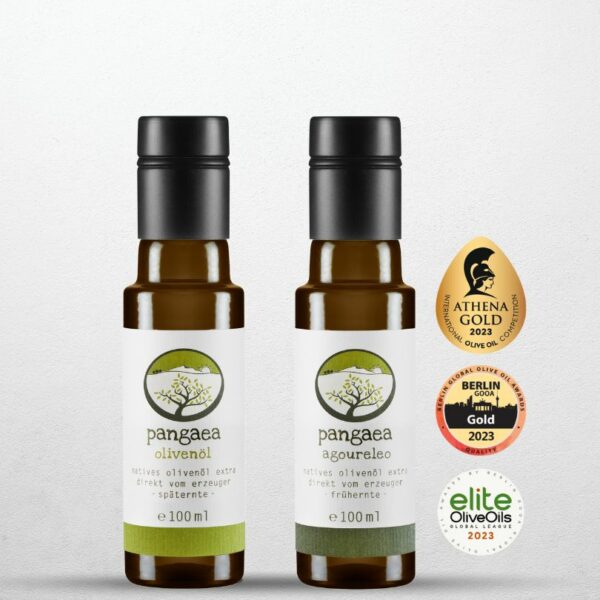 zwei kleine Flaschen mit Olivenöl je 100 ml