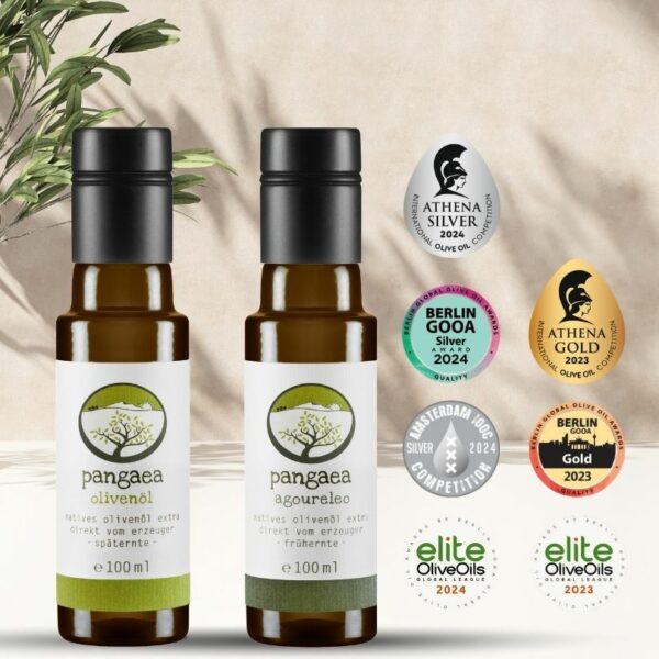 Pangaea extra natives Olivenöl und Agoureleo aus Griechenland, in 100ml dunkle Glasflaschen mit speziellem Verschluss und Ausgießer, und Auszeichnungen
