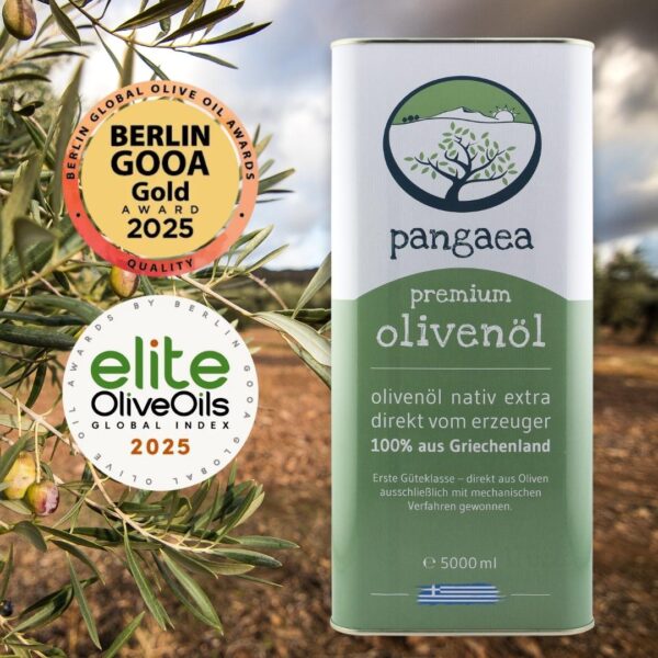 Pangaea Premium Olivenöl im 5-Liter-Kanister mit Gold-Auszeichnung Berlin 2024 und Elite Olive Oils Index 2025