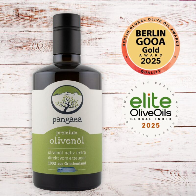 Pangaea Premium Olivenöl mit Berlin GOOA Gold Award 2025 und Elite Olive Oils Global Index 2025.