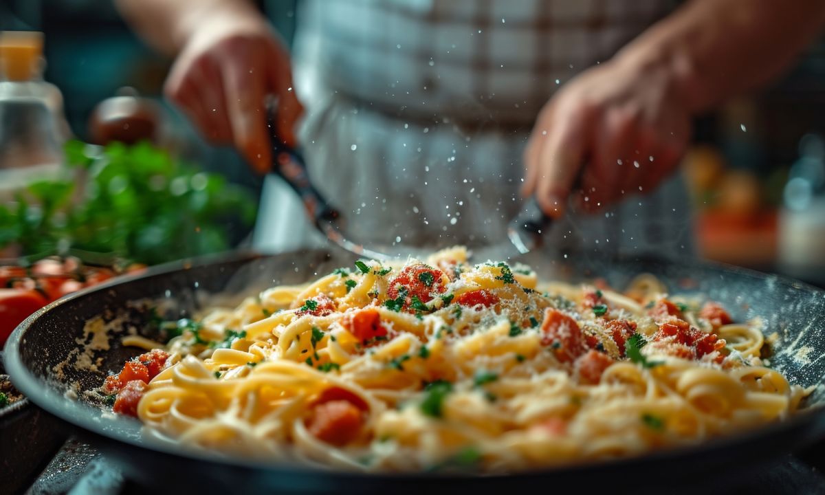 Auf dem vorliegenden Bild wird ein schmackhaftes Gericht präsentiert, das die Einfachheit und Frische der mediterranen Küche zelebriert. Ein Teller mit Spaghetti, großzügig garniert mit reifen Kirschtomaten und frischem Basilikum, bildet das Herzstück dieser visuellen Darbietung. Die Spaghetti, perfekt al dente gekocht, präsentieren sich in einer kunstvollen Anordnung auf dem Teller und laden den Betrachter ein, ihre verlockende Textur zu erkunden. Die goldgelbe Farbe der Pasta harmoniert wunderbar mit den leuchtend roten Kirschtomaten, die in ihrer Frische und Süße eine unverwechselbare Note zum Gericht beisteuern. Das Basilikum, in großzügigen Streifen über die Spaghetti gestreut, verströmt einen verlockenden Duft und fügt eine aromatische Frische hinzu, die den Gaumen anspricht und das Auge erfreut. Die grünen Blätter bilden einen ansprechenden Kontrast zu den intensiven Farben der Tomaten und der Pasta. Die sorgfältige Präsentation des Gerichts auf einem schlichten, weißen Teller betont die natürliche Schönheit der Zutaten und unterstreicht die Reinheit des Geschmacks. Die Anordnung auf dem Teller zeigt ein harmonisches Gleichgewicht zwischen den verschiedenen Komponenten des Gerichts. Insgesamt strahlt das Bild eine Aura der Frische, Einfachheit und Genuss aus und lädt den Betrachter dazu ein, sich der mediterranen Küche hinzugeben und die unverfälschten Aromen der Zutaten zu erleben. Es erinnert an sonnige Tage und den Geschmack von Sommer, der in jeder Gabel zu finden ist.