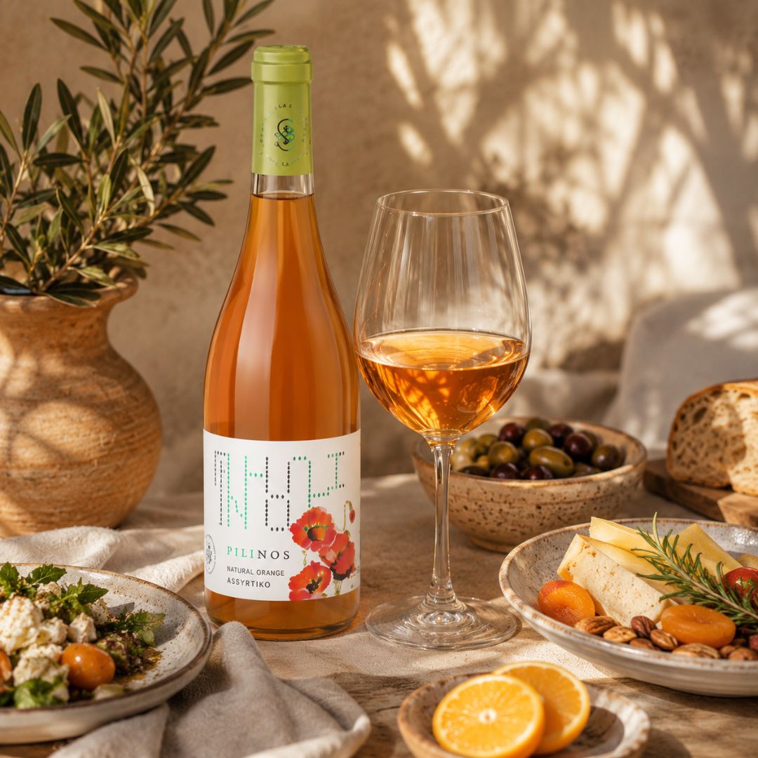 Pilinos Natural Orange Assyrtiko mit Weinglas und mediterranen Spezialitäten – Orange Wein aus Griechenland.