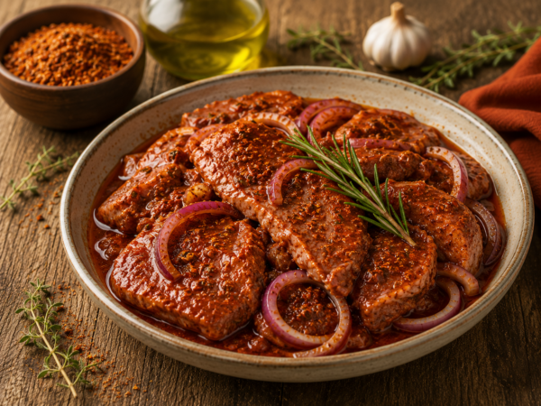 Mit Würzigem Mix marinierte Fleischstücke mit roter Paprika-Marinade, Zwiebeln und Rosmarin.