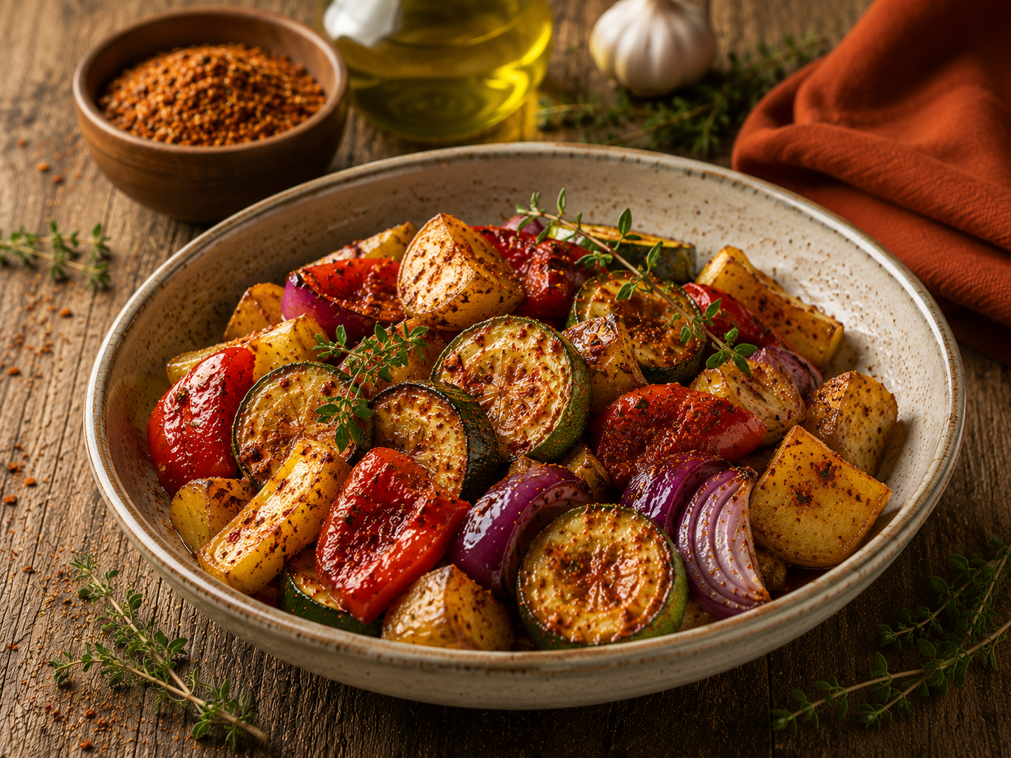 Mit Würzigem Mix gewürztes Ofengemüse mit Kartoffeln, Zucchini, Paprika und roten Zwiebeln.