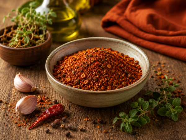 Pikante griechische Gewürzzubereitung mit Paprika, Knoblauch und mediterranen Kräutern in einer Keramikschale.